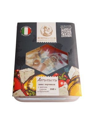 Антипасти БУРЁНКА КЛАБ перчики ассорти с мягким сливочным сыром и кубики брынзы в масле 260г