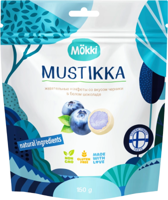 Конфеты МОККИ МУСТИККА жевательные черника в белом шоколаде 65гр.