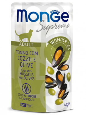 Корм МОНГЕ Влажный мидии и оливки для взрослых кошек 80г паучи