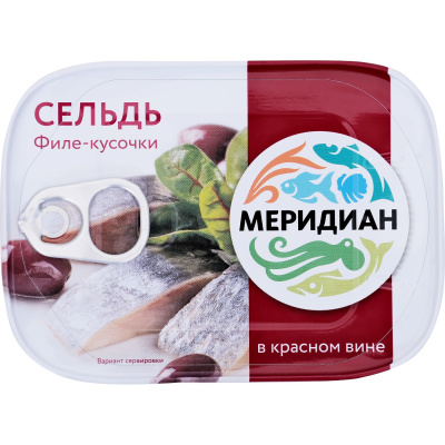 Сельдь филе-кусочки в красном вине 115 г ж/б Меридиан