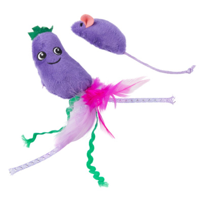 Игрушка для кошек Баклажанчик и Мышка плюшевая с кошачьей мятой и пёрышками 19 см фиолетовая Mr.Kranch