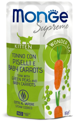 Влажный корм Monge Supreme kitten для котят из тунца с зеленым горошком и мини-морковью 80г паучи