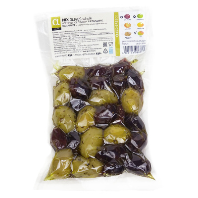 Оливки ЭКОГРИС А серия Микс из оливок халкидики, каламата с косточкой 250г вакуум