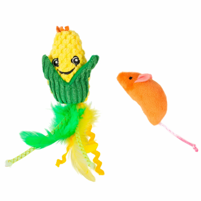 Игрушка для кошек Кукурузка и Мышка плюшевая с кошачьей мятой и пёрышками 19 см жёлтая Mr.Kranch