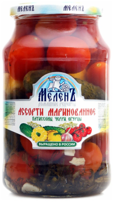 Ассорти маринованные (патиссоны, черри, огурцы) 900г Меленъ