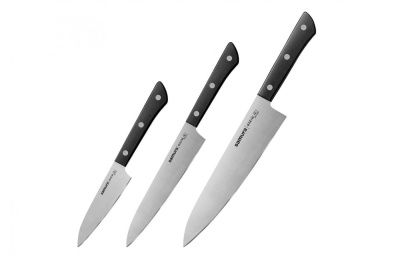 Набор из 3-х ножей Samura Harakiri овощной, универсальный, шеф, черная рукоять (SHR-0220B) "Samura"
