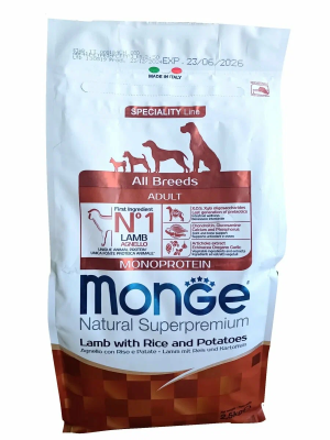 Сухой корм Speciality Line Monoprotein для взрослых собак всех пород из ягнёнка с рисом и картофелем 2,5 кг Monge