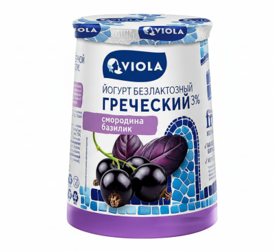 Йогурт ВИОЛА Греческий Фри с чёрной смородиной и базиликом безлактозный 3% 140г