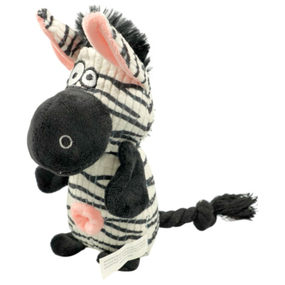 Игрушка МИСТЕР КРАНЧ для собак Зебра плюшевая с канатиками пищалкой и карманом под лакомство белая 21 см