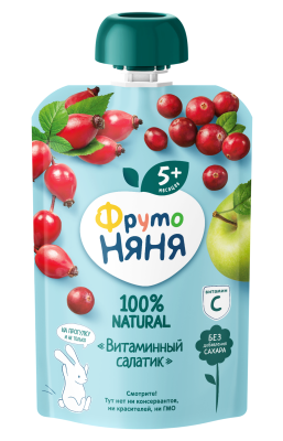 Пюре Фрутоняня  яблоко, шиповник, клюква с 5 мес. 90г дой-пак