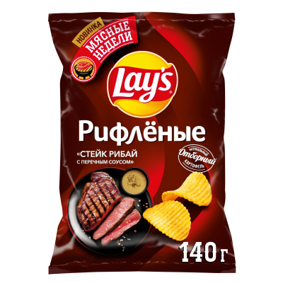 Чипсы ЛЭЙС Стейк Рибай перечн.соус рифлёные 140г