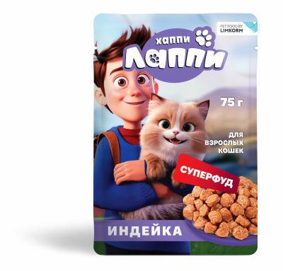 Корм ХАППИ ЛАППИ Индейка для взрослых кошек консервированный 75г