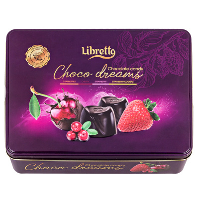 Конфеты ЛИБРЕТТО в темном шоколаде варенье Клюква, вишня, клубника, клубника с коньяком 200г