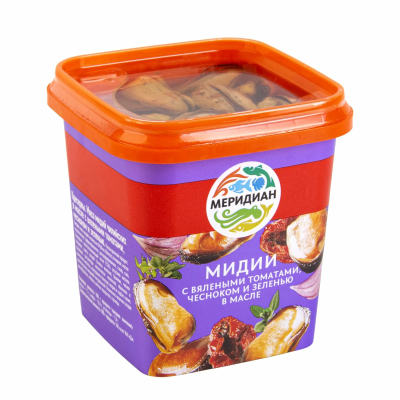 Мидии с вялеными томатами, чесноком и зеленью в масле, 270 гр. Меридиан