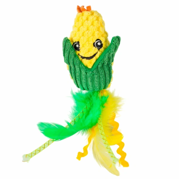Игрушка для кошек Кукурузка и Мышка плюшевая с кошачьей мятой и пёрышками 19 см жёлтая Mr.Kranch